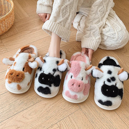 Cute Cow Fluffy Slippers for Women – Fuzzy Plush House Slides