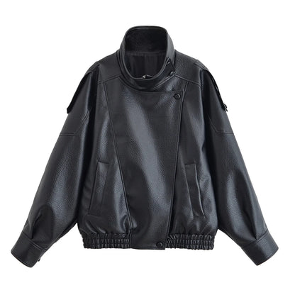Women's Oversized Faux Leather Jacket – Asymmetric Button Loose Coat