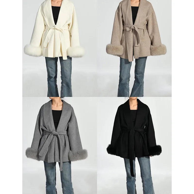 Women's Fox Fur Woolen Short Coat – Double-Sided Wool