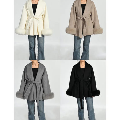 Women's Fox Fur Woolen Short Coat – Double-Sided Wool