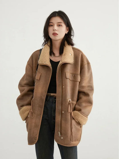 Women's Reversible Suede Sherpa Jacket – Warm Oversized Coat