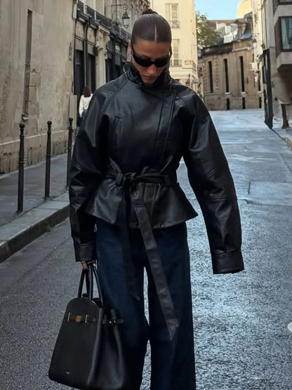 Women's Faux Leather Jacket with Belt – Short Moto Coat