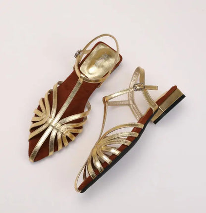 Women's Roman Strappy Sandals – Pointed Toe Low Heel T-Strap