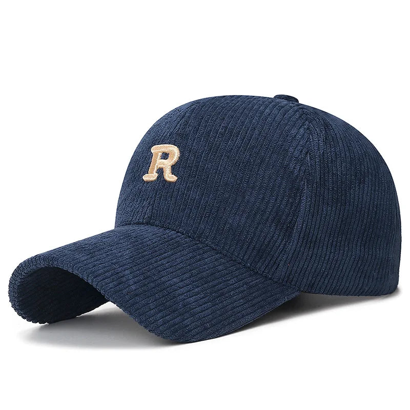 Corduroy Baseball Cap – 3D Embroidered R Letter Structured Hat