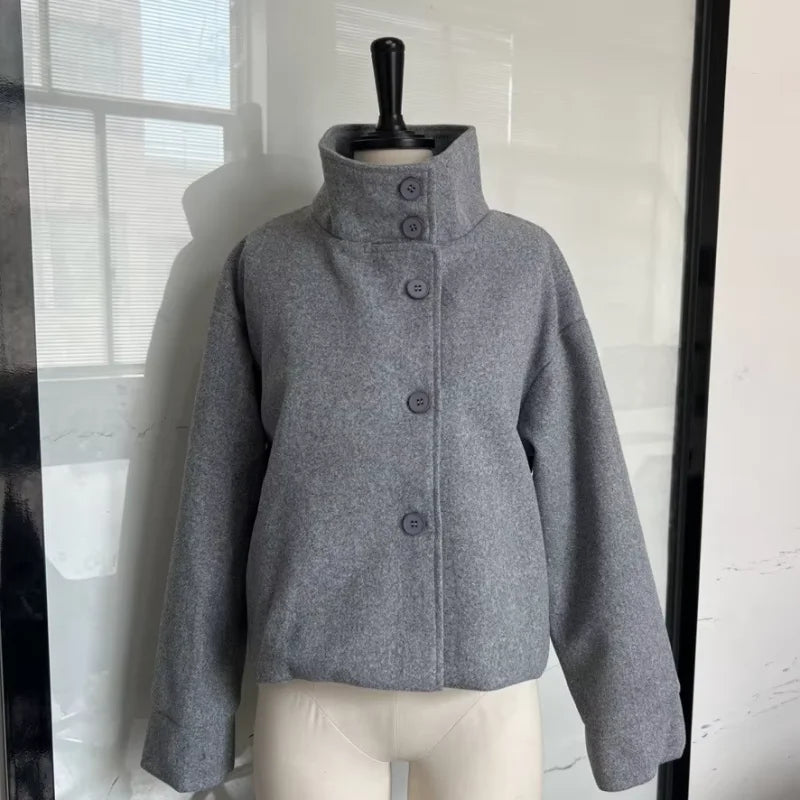 Women's Short Woolen Coat – Stand Collar Zip Jacket