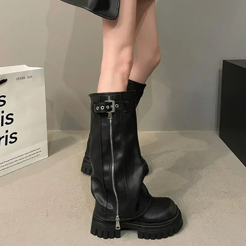 Women's Platform Knee-High Biker Boots with Belt Buckle