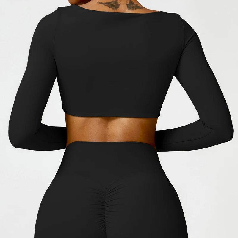 Women's Square Neck Long Sleeve Crop Top – Quick Dry Gym Sports Top
