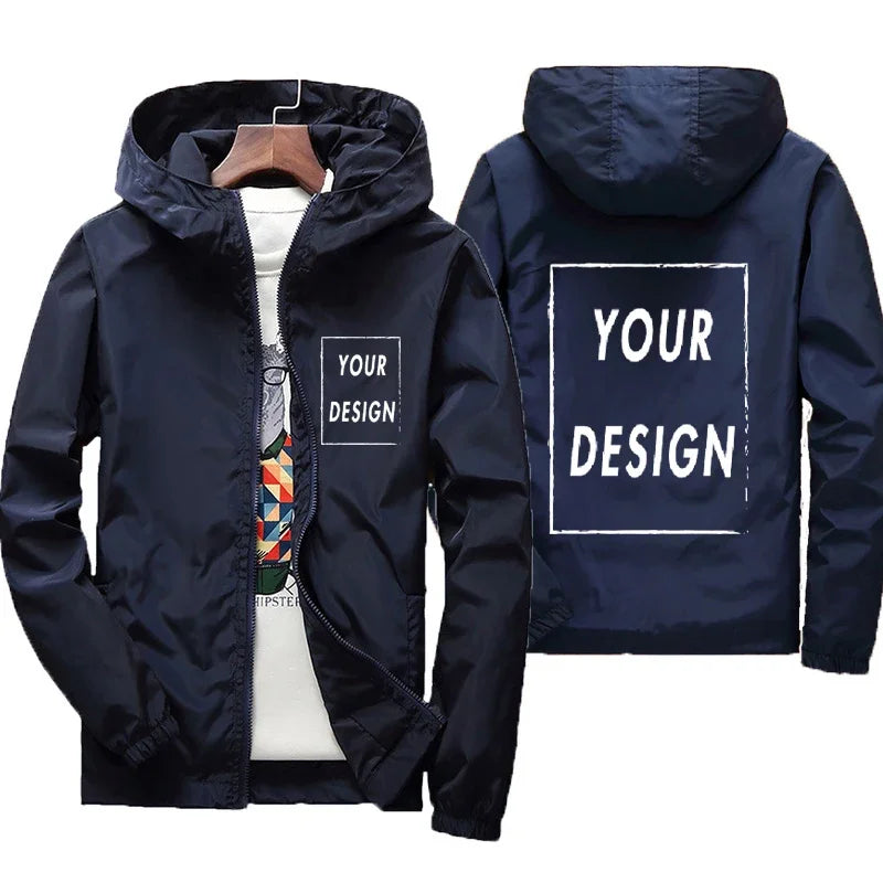 Custom Logo Men's Windbreaker Jacket – Waterproof Hooded Zip-Up