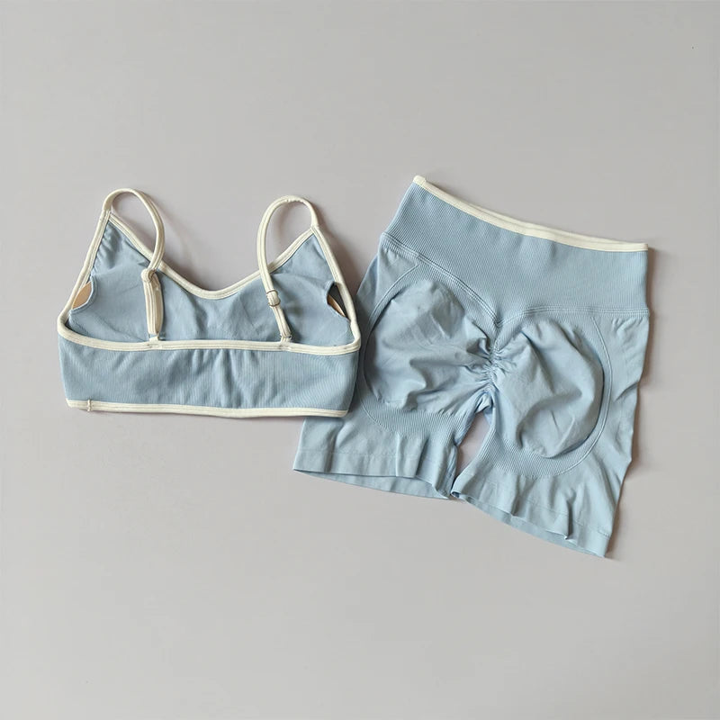 Seamless 2-Piece Yoga Set – Crop Top Sports Bra & High-Waist Shorts for Women