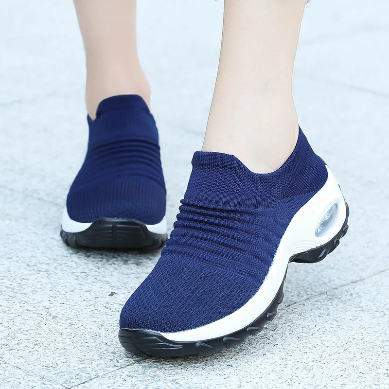 Women's Slip-On Platform Sneakers – Breathable Knit Walking Shoes