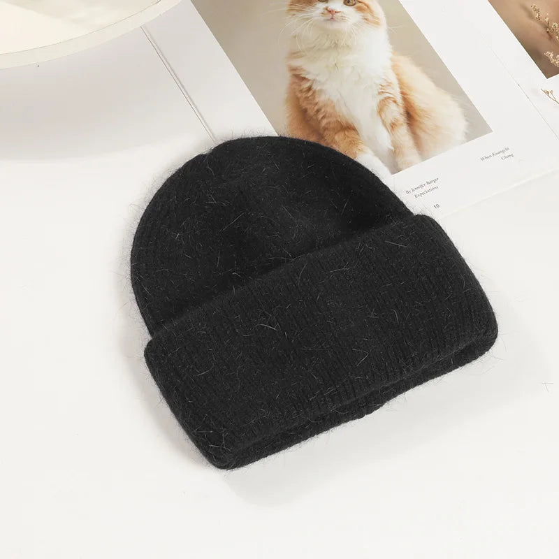 Women's Rabbit Fur Knit Beanie – Warm Solid Color Winter Hat
