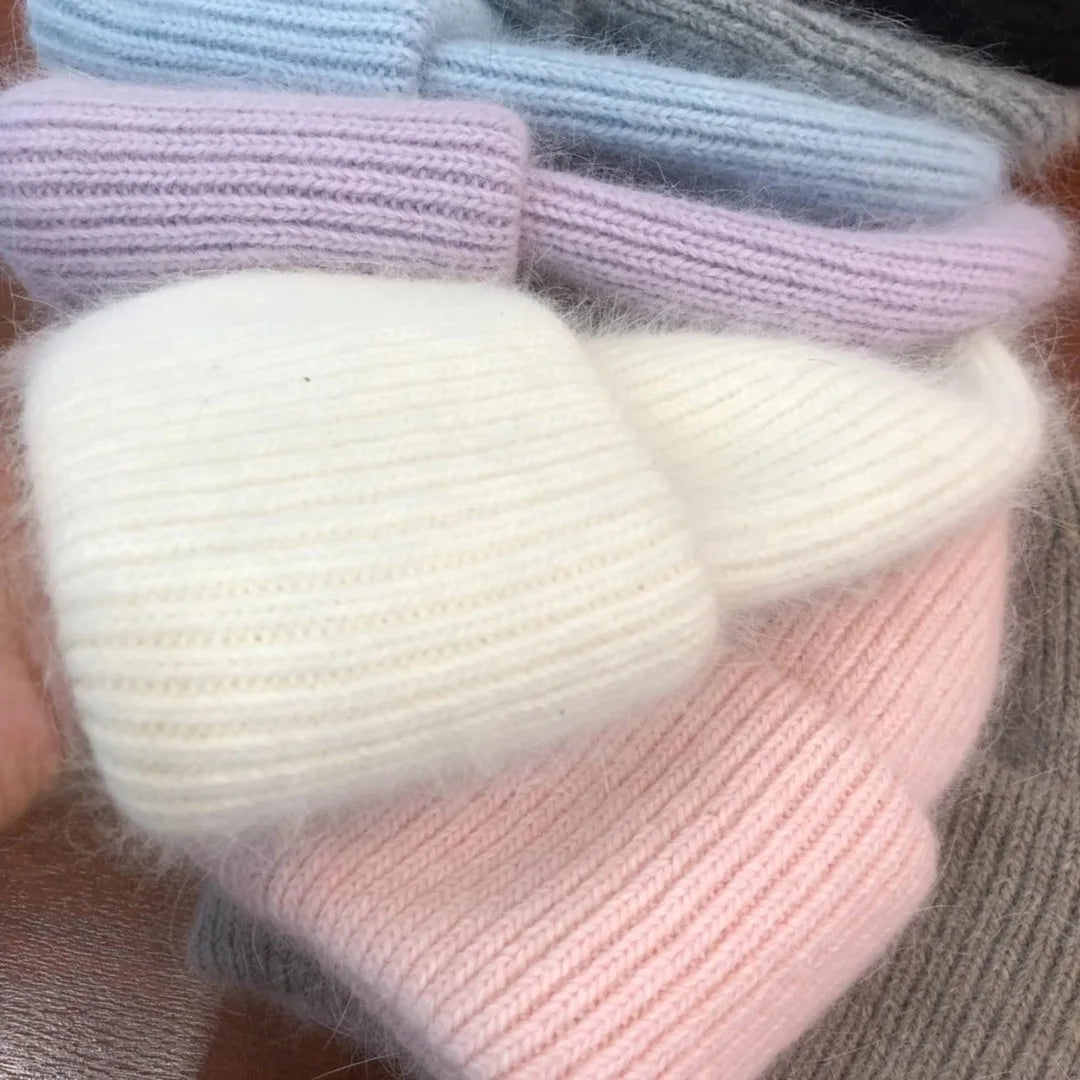 Women's Rabbit Fur Knit Beanie – Warm Solid Color Winter Hat