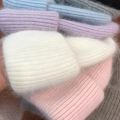 Women's Rabbit Fur Knit Beanie – Warm Solid Color Winter Hat
