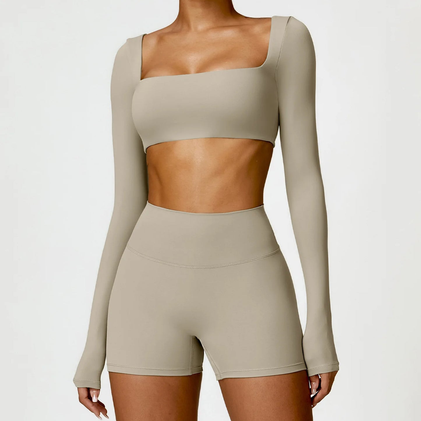 Women's 2-Piece Yoga Set – Long Sleeve Crop Top & Shorts