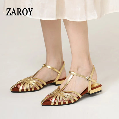 Women's Roman Strappy Sandals – Pointed Toe Low Heel T-Strap