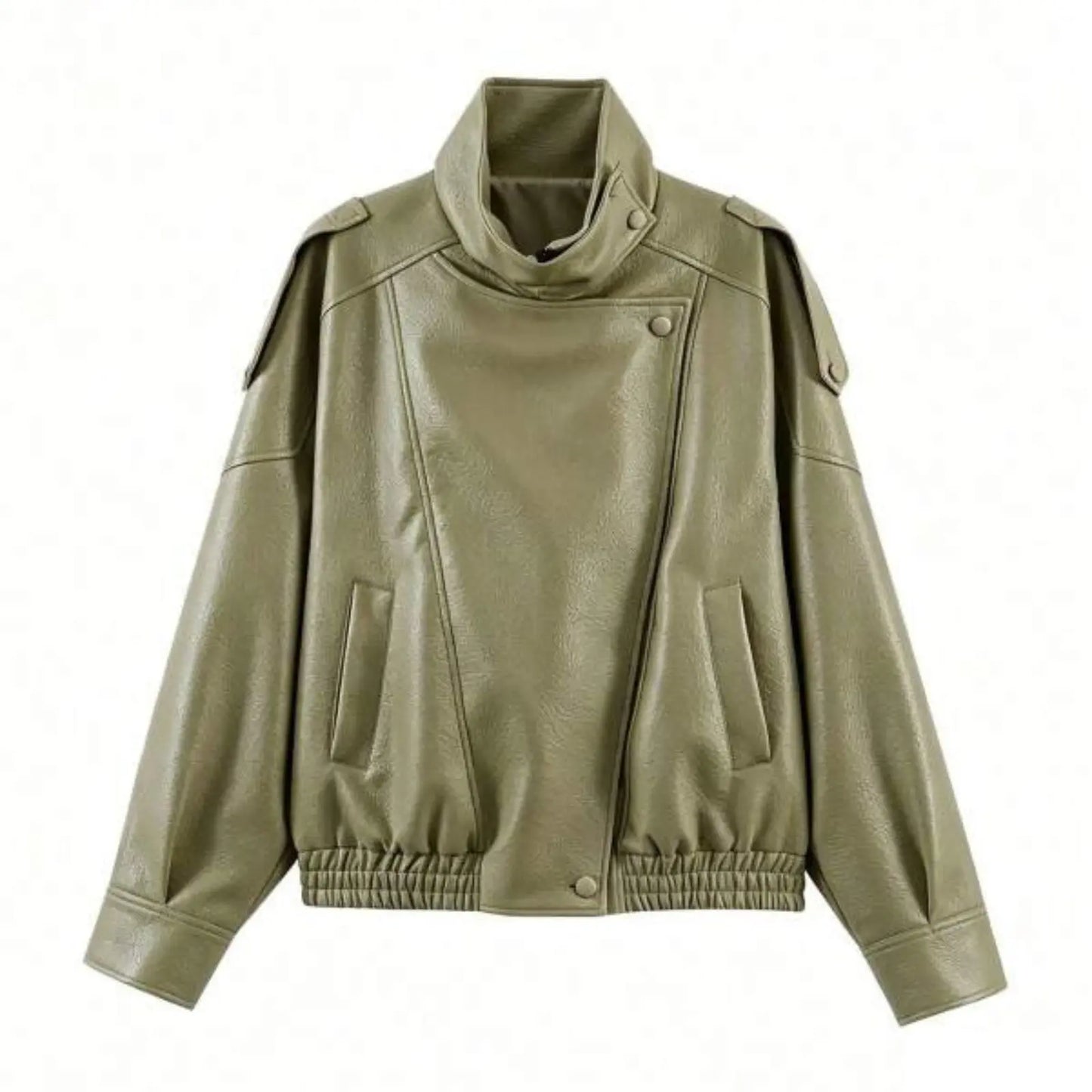Women's Oversized Faux Leather Jacket – Asymmetric Button Loose Coat