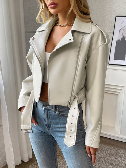 Women's Faux Leather Moto Jacket with Belt – Short Biker Style