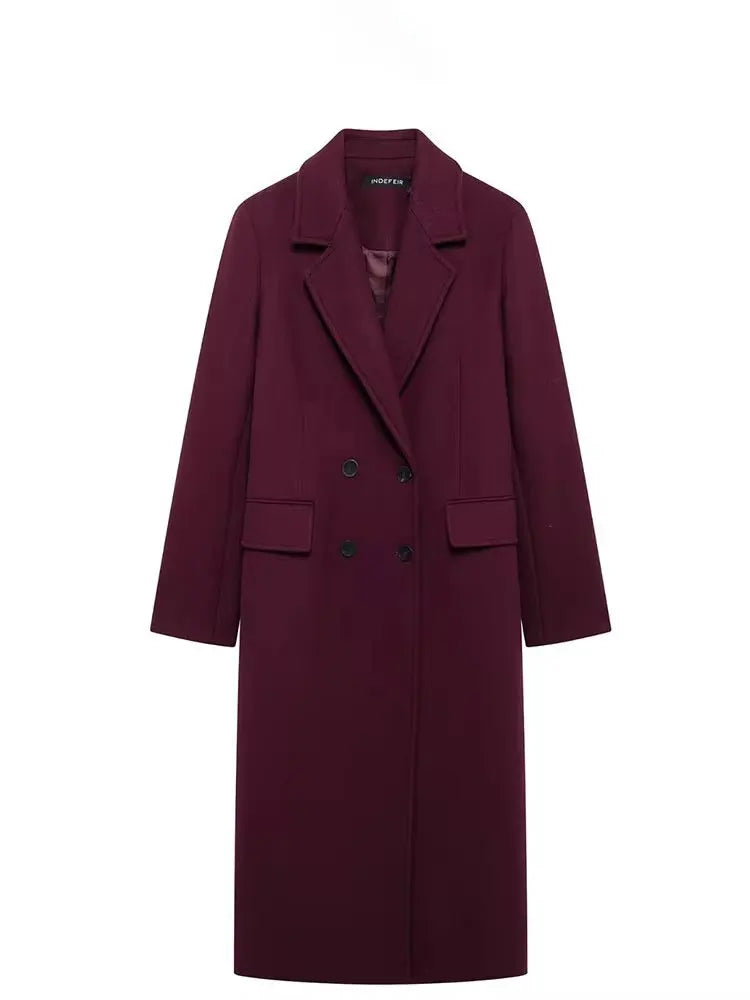Women's Double-Breasted Wool Blend Coat – Long Lapel Jacket