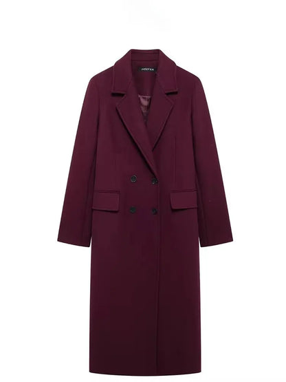 Women's Double-Breasted Wool Blend Coat – Long Lapel Jacket