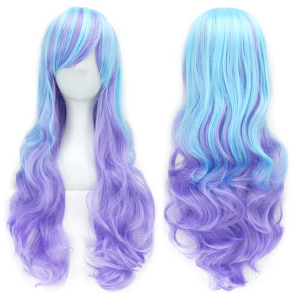 Soowee Synthetic Hair Ombre Rainbow Cosplay Wig Bangs Red Yellow Purple Green Blue Wigs Black Women