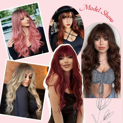 Long Wavy Synthetic Wig with Bangs – Heat Resistant Fiber
