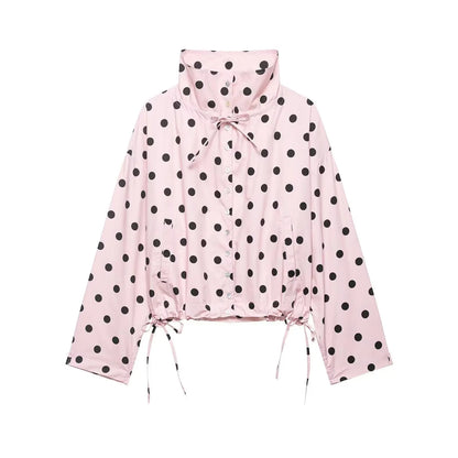Women's Polka Dot Spring Jacket – Elegant Drawstring Coat
