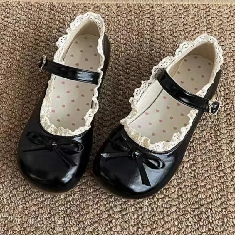 Women's Bow Mary Jane Flats | Lace Trim Metal Buckle
