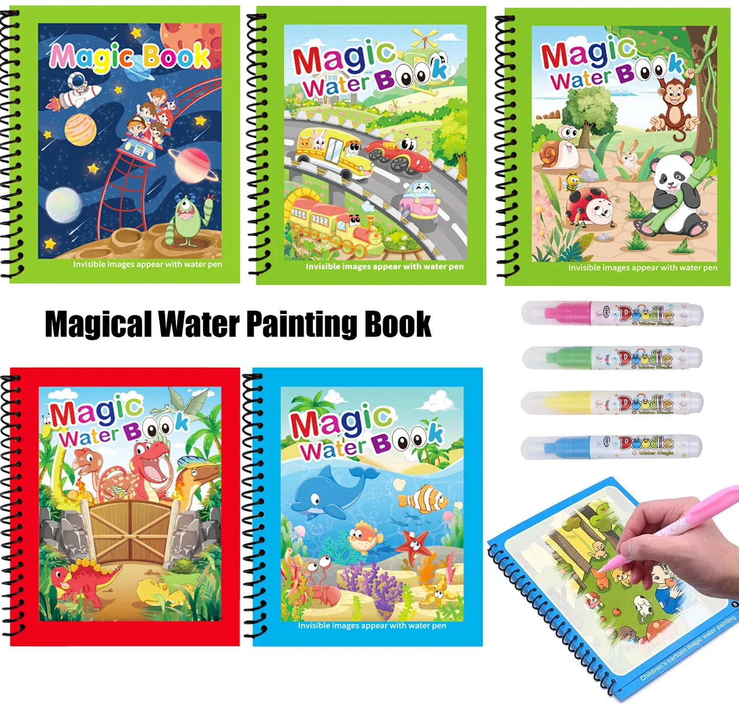 Magic Water Drawing Book for Kids with Pen – Reusable Coloring Activity