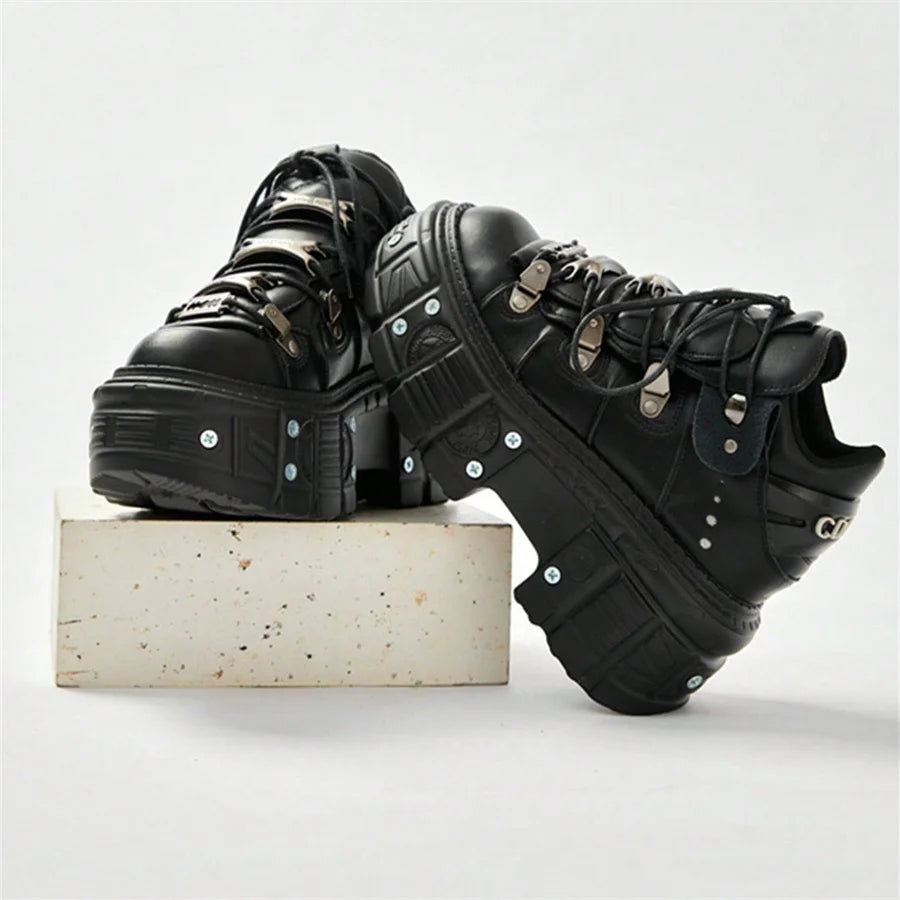 Punk Gothic Platform Ankle Sneakers – Metal Hardware Lace-Up