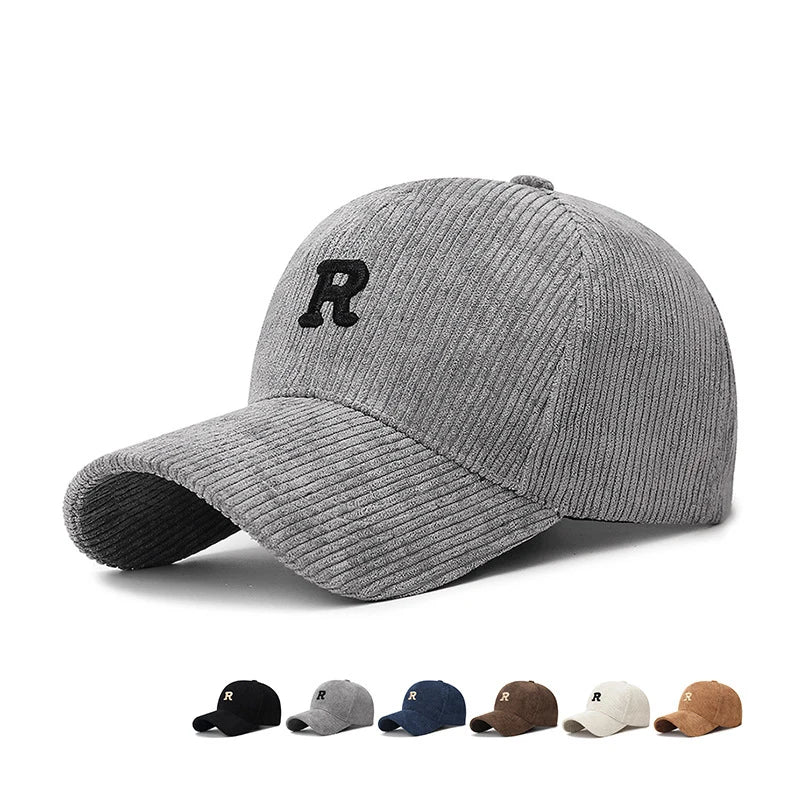 Corduroy Baseball Cap – 3D Embroidered R Letter Structured Hat