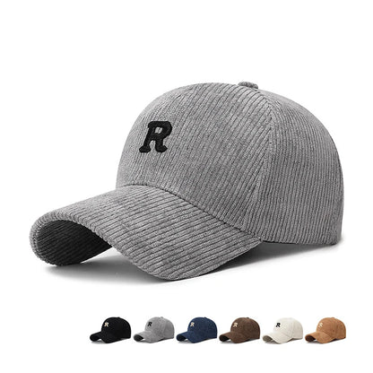 Corduroy Baseball Cap – 3D Embroidered R Letter Structured Hat