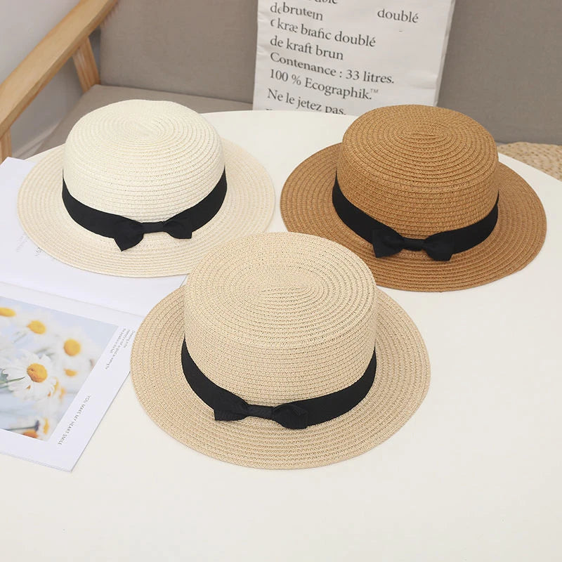 Women's Straw Boater Hat with Bow – Sun Protection Beach Hat