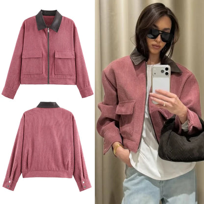 Women's Casual Corduroy Zip-Up Jacket with Pockets