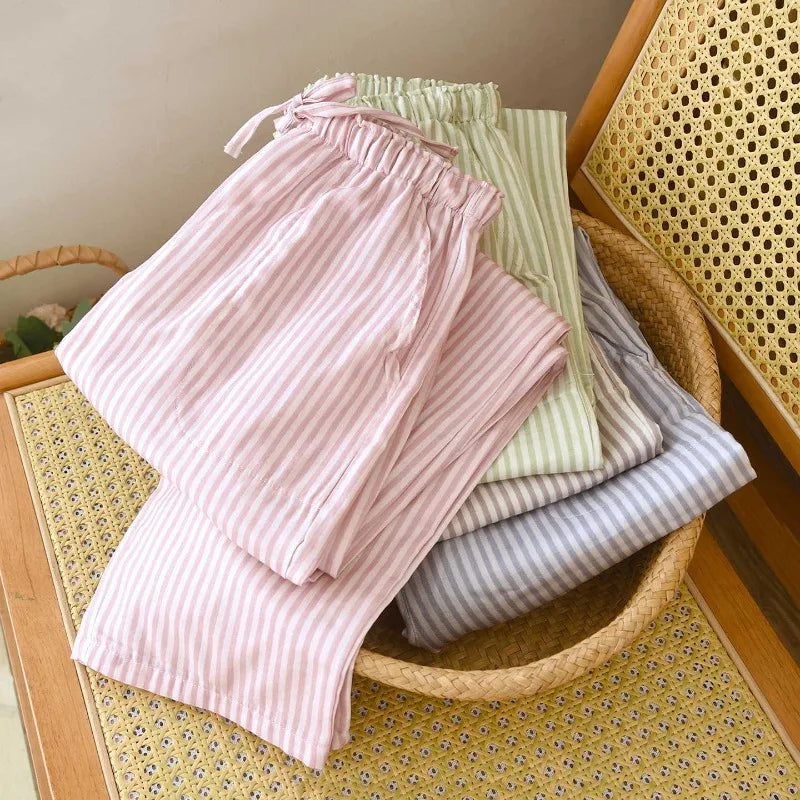Cotton Gauze Striped Sleep Pants – Loose Lightweight Lounge Trousers