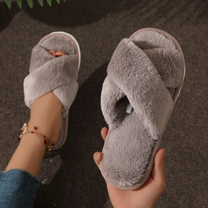 Cross Strap Fur Slippers Women Indoor Light Warm Plush Home Woman Faux Flat Heel Couple Slides Plus
