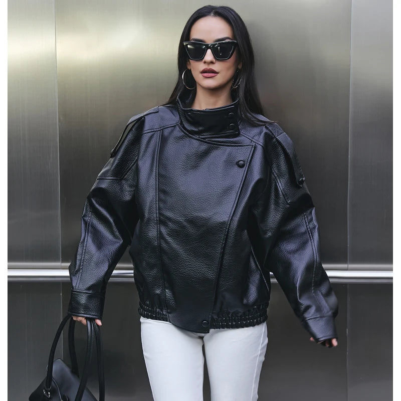 Women's Faux Leather Oversized Bomber Jacket – Winter Outerwear