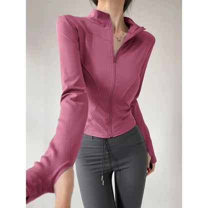 Women's Slim-Fit Zip-Up Yoga Jacket – Long Sleeve Athletic Running Coat