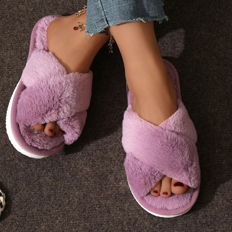 Cross Strap Fur Slippers Women Indoor Light Warm Plush Home Woman Faux Flat Heel Couple Slides Plus