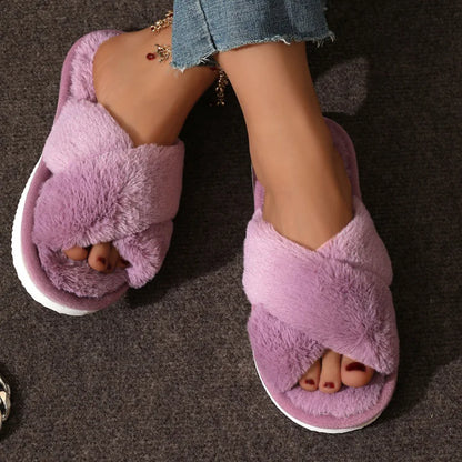 Cross Strap Fur Slippers Women Indoor Light Warm Plush Home Woman Faux Flat Heel Couple Slides Plus