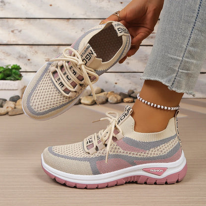 Women's Two-Tone Mesh Knit Sneakers – Casual Lace-Up Fashion Shoes