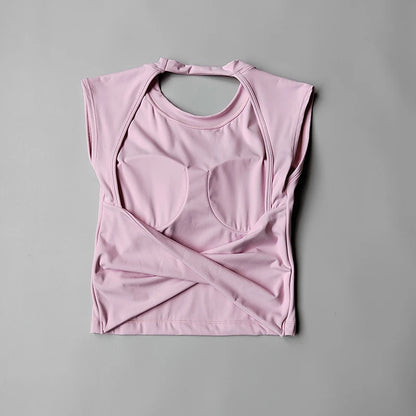 Women's Backless Yoga Crop Top – Built-In Chest Pad Sports Tee