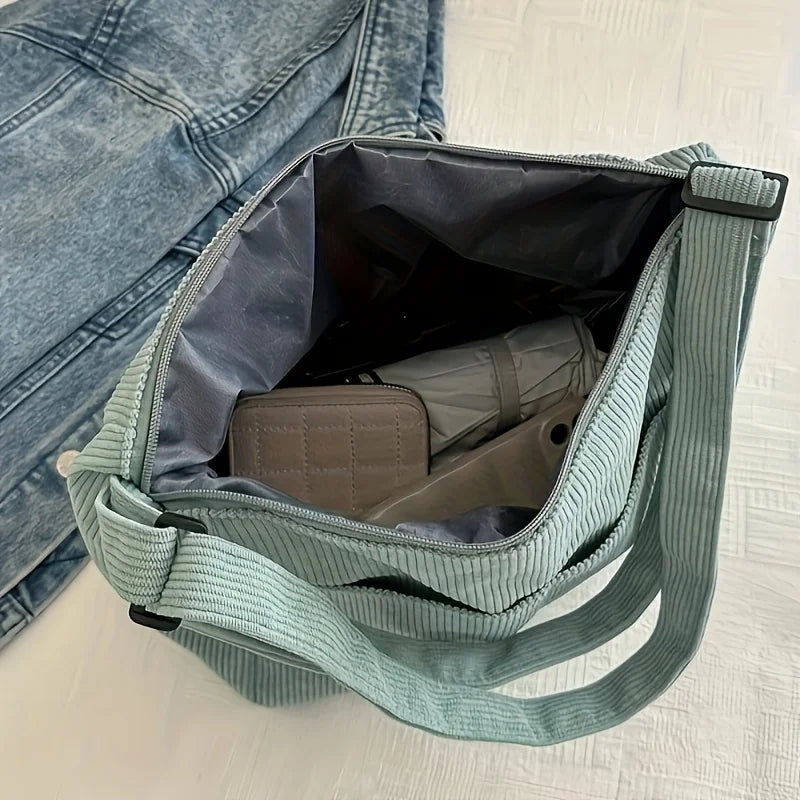 Women's Corduroy Shoulder Tote Bag – Large Capacity with Cute Patch