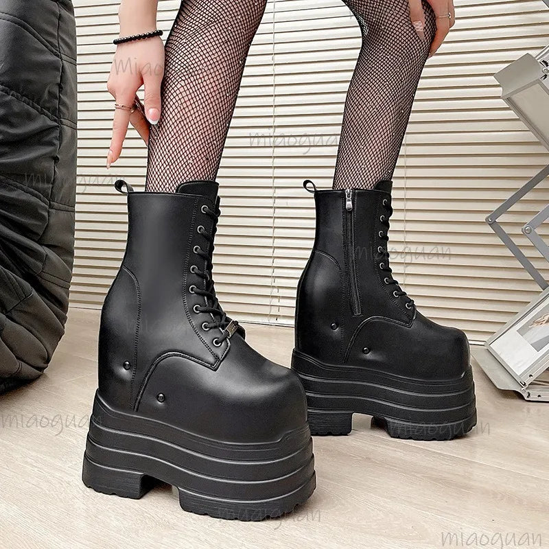 Platform Boots for Women – Height Increasing Leather Gothic Punk Ankle Boots