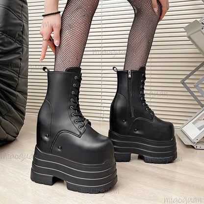 Platform Boots for Women – Height Increasing Leather Gothic Punk Ankle Boots