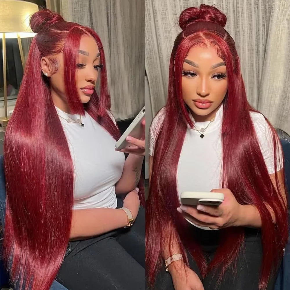 13x4 HD Lace Front Wig Straight #99J Red Human Hair 250 Density