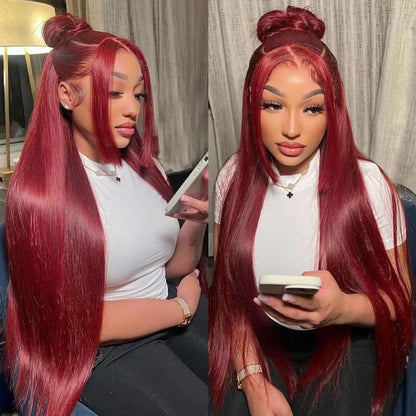 13x4 HD Lace Front Wig Straight #99J Red Human Hair 250 Density