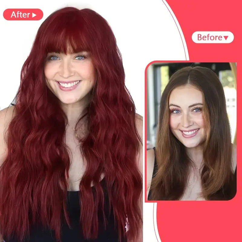 Long Wavy Synthetic Wig with Bangs – Heat Resistant Fiber