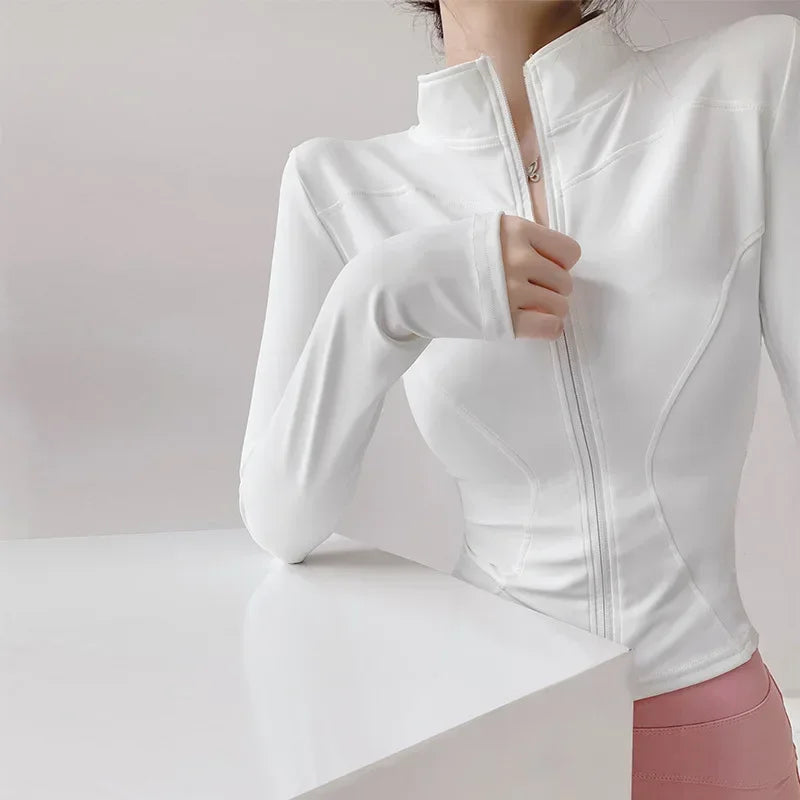 Women's Slim-Fit Zip-Up Yoga Jacket – Long Sleeve Athletic Running Coat