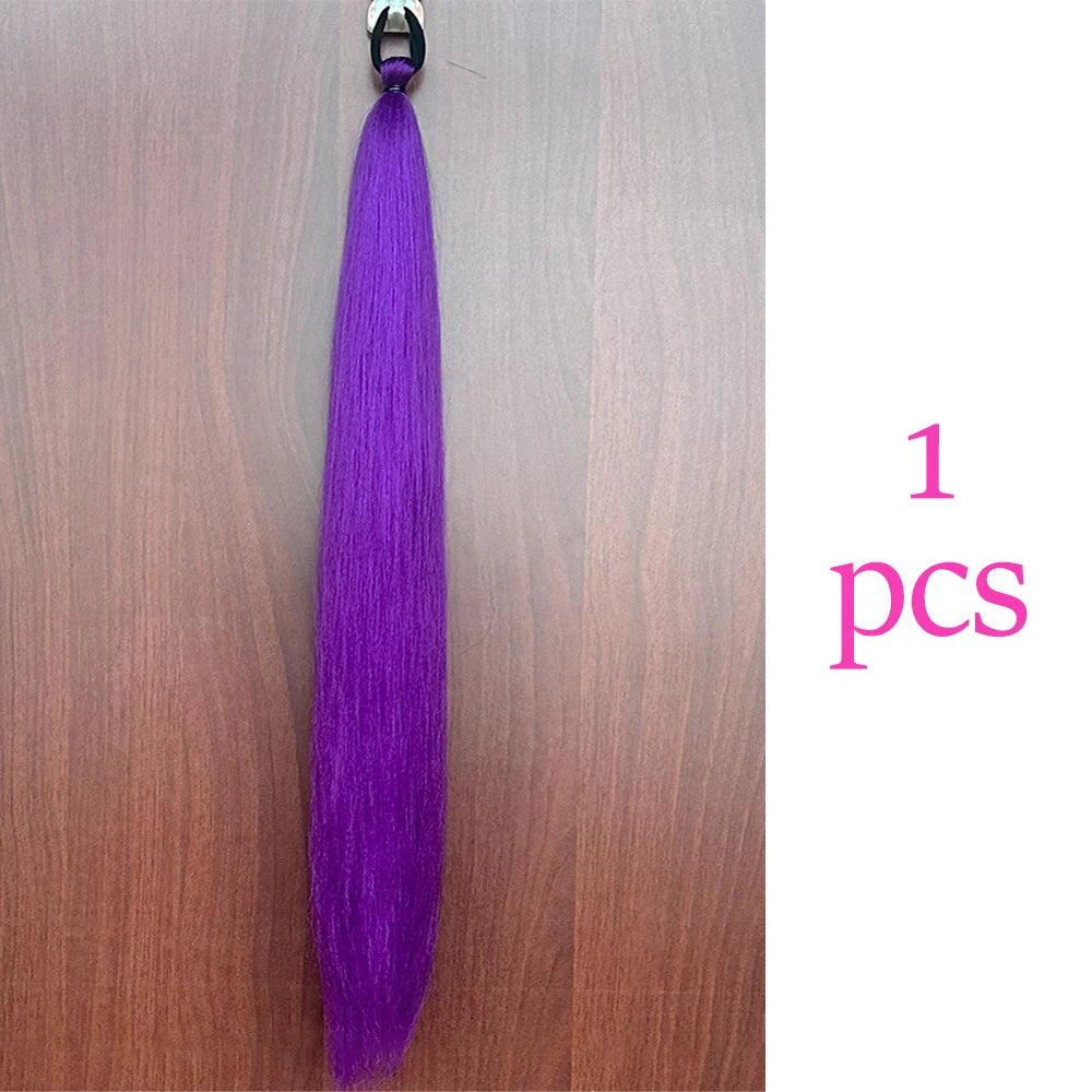 Synthetic Colorful Ponytail Extension 2pcs Long Straight Diy Braided Pony Tail Hairpiece Rubber Band