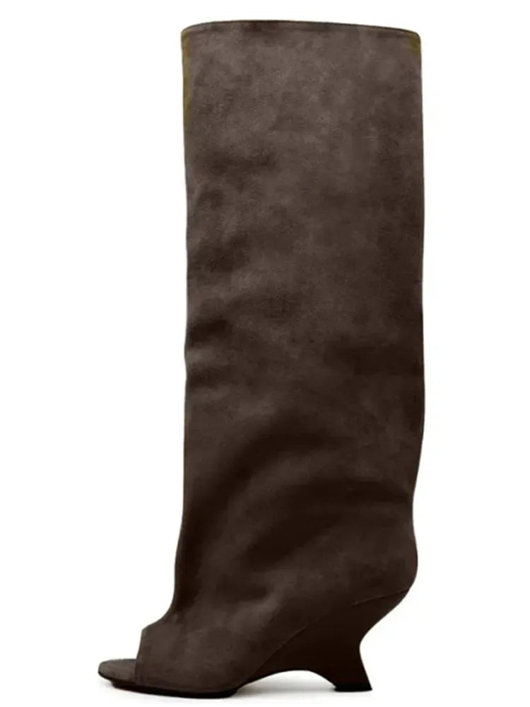 Women's Peep Toe Knee-High Boots with Slant Wedge Heel